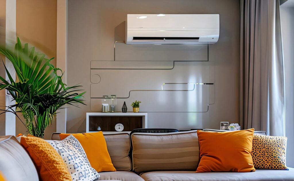 air conditioning is in the foreground on the left, two indoor units cool the living room - ductless mini split system